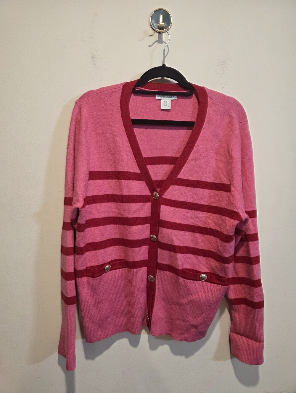 Rachel Zoe Pink & Red Striped V-Neck Cardigan Sweater with Gold Buttons – Women'